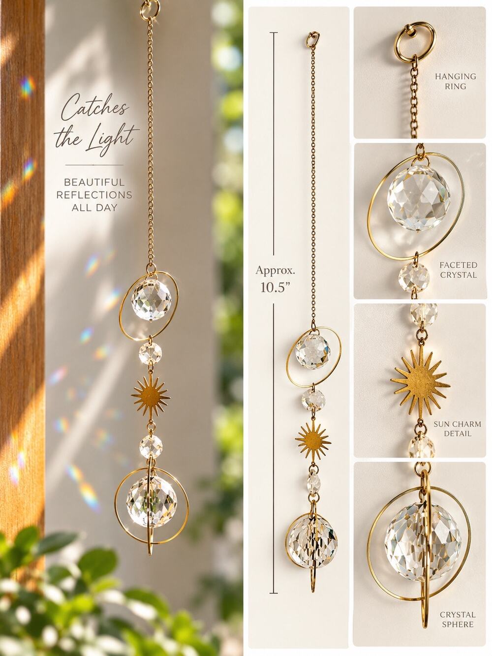 Crystal Sun Catcher Rainbow Maker Gold Sunburst Window Hanging Decor